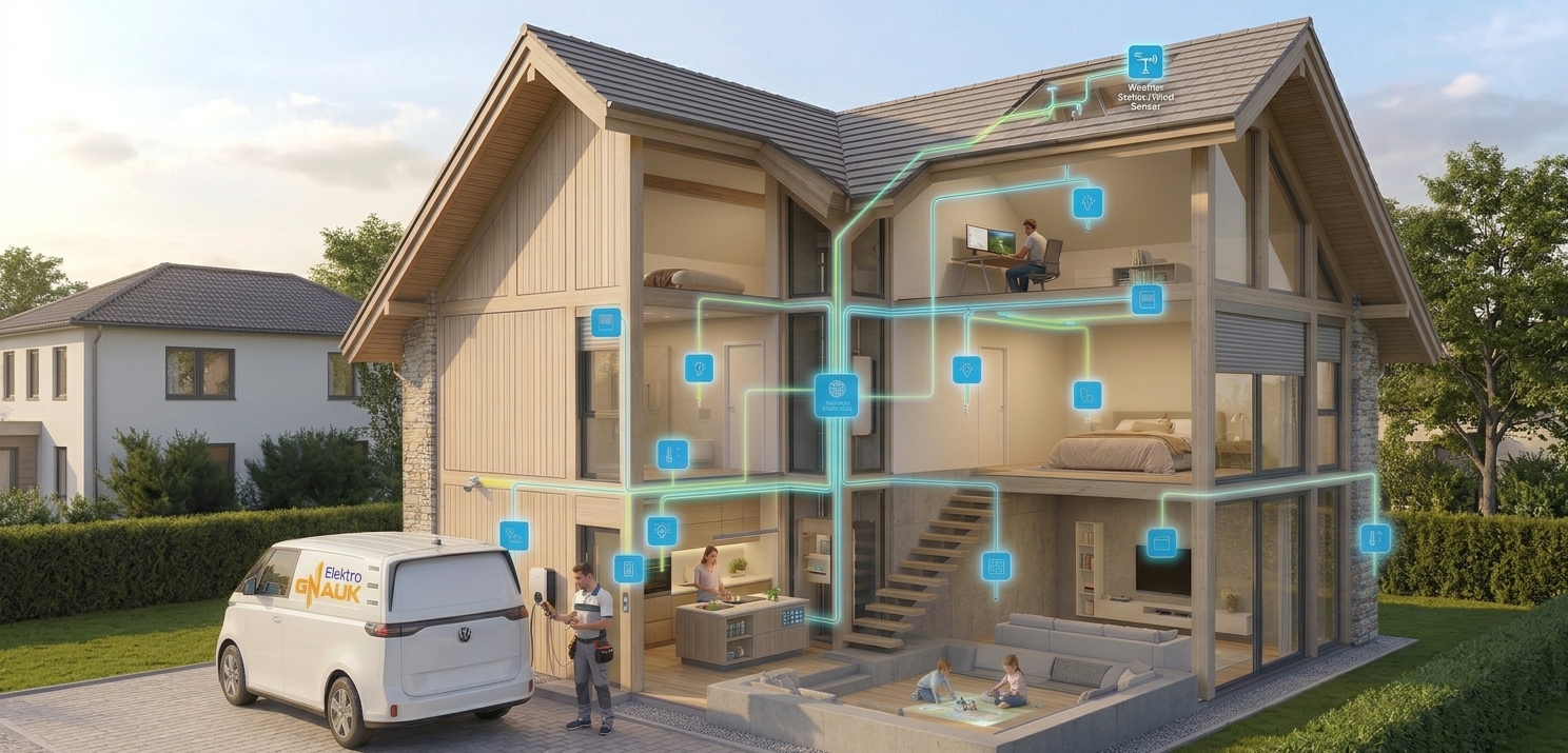 Elektro Gnauk Smart Home Haus mit Firmenfahrzeug